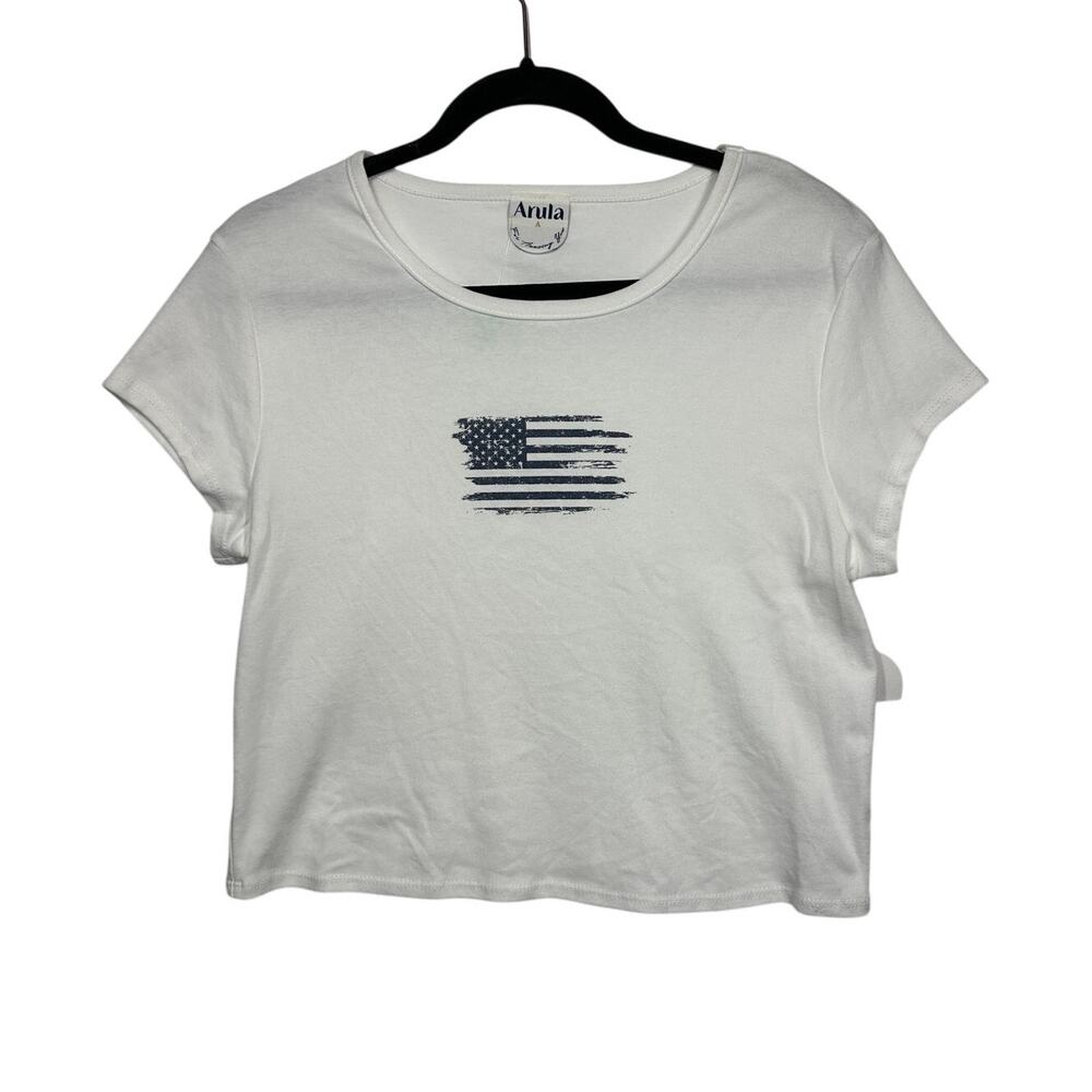 Arula USA Flag Cropped Baby Tee Shirt Plus Size Short Sleeve White Size A / 1X